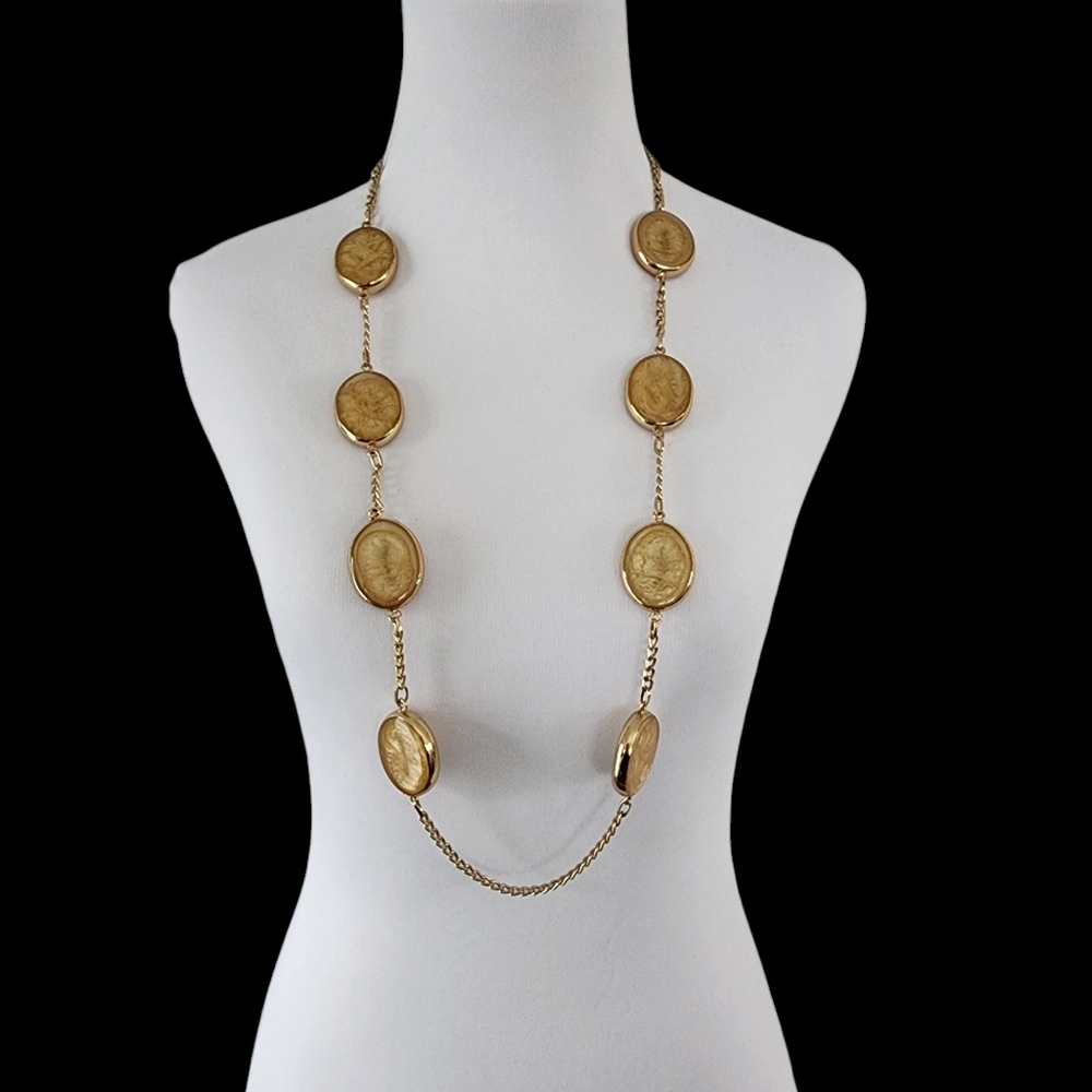 Chico's long necklace large gold oval resin art beads bezel set gold tone